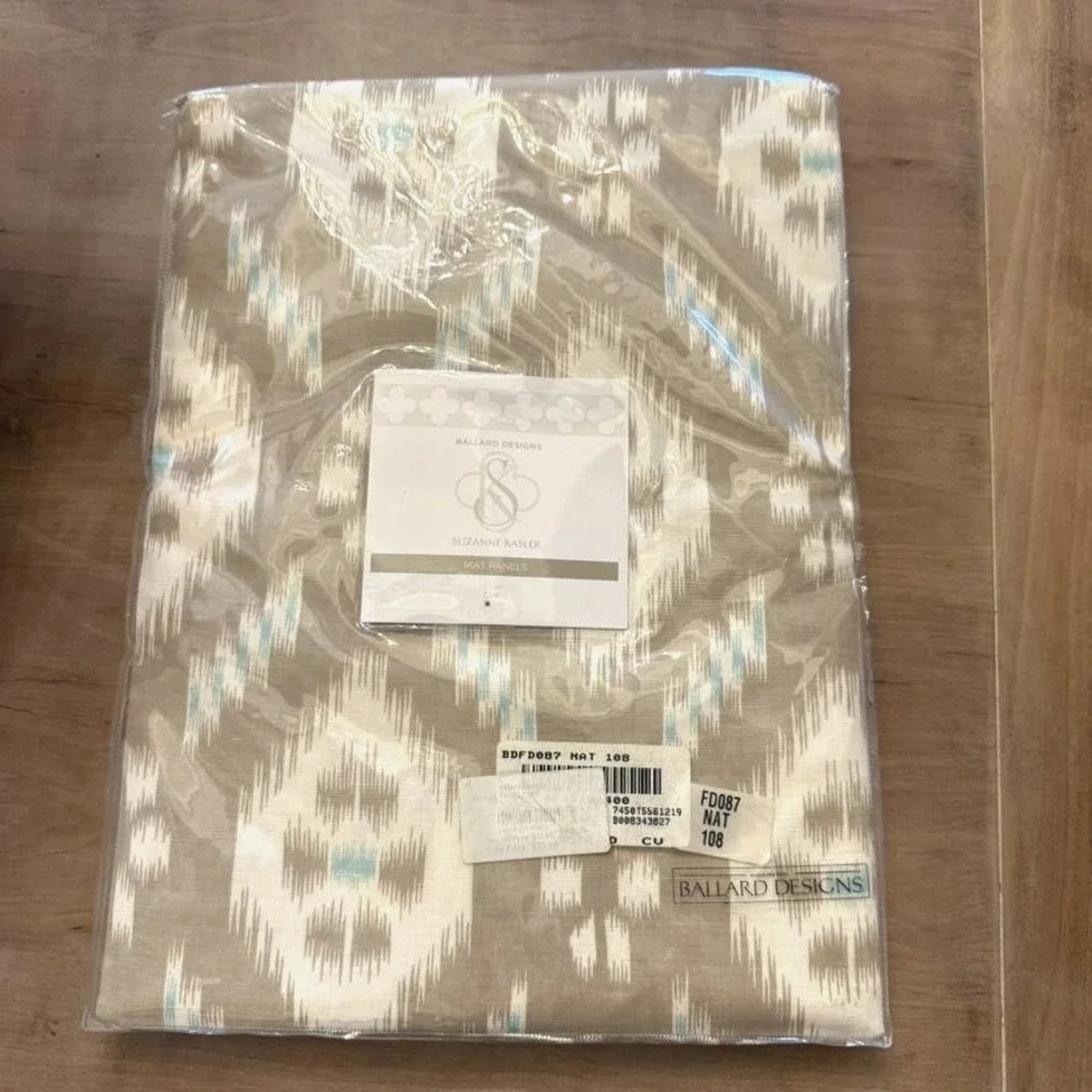 NIB Ballard Designs Suzanne Kasler Ikat Curtain Panel 108in Natural Aqua Linen